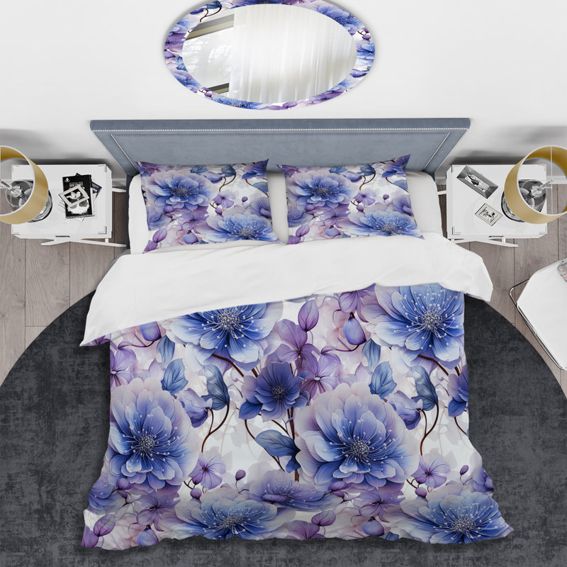 Wonderland White And Purple Flowers I Floral Duvet Cover, Twin Duvet Cover + 1 Standard Sham