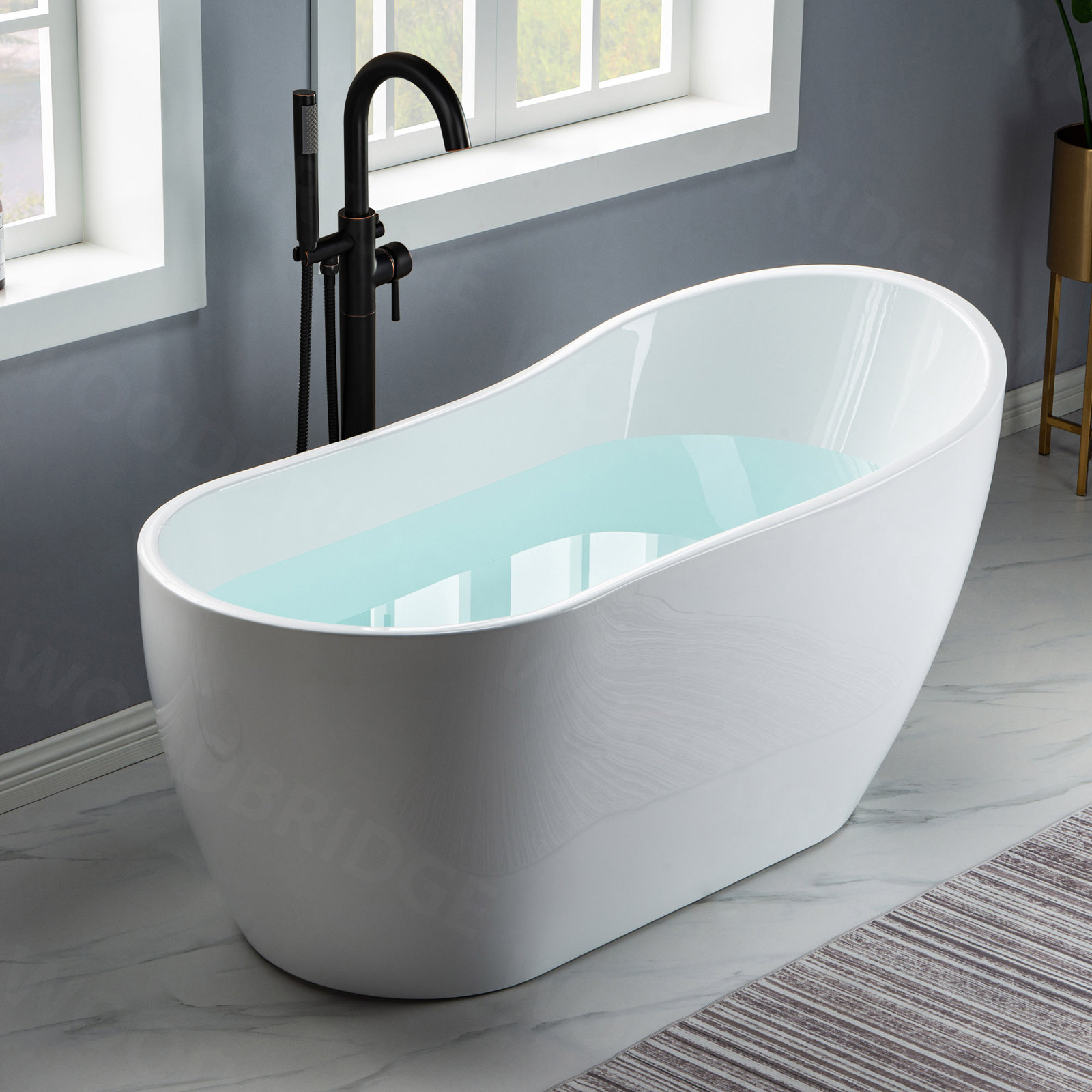 Aether 59" Single Slipper Soaking Bathtub, White/Oil Rubbed Bronze