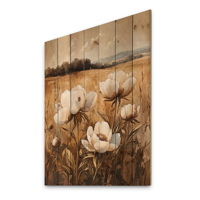 Pivoines le long de la campagne III - Décoration murale en bois de pivoines - sur bois de pin naturel