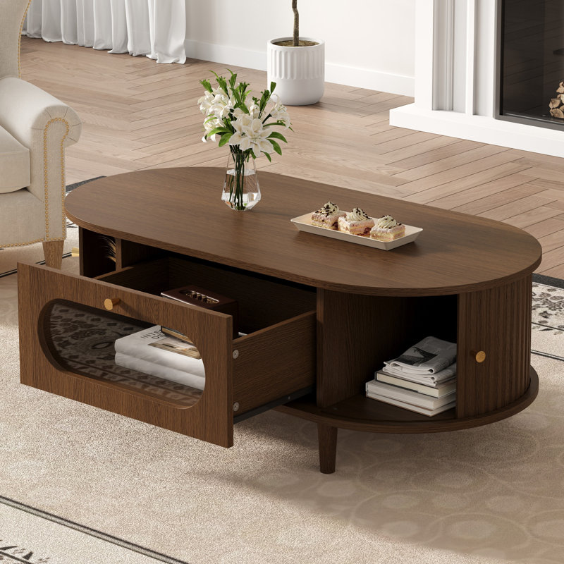 Table basse moderne avec porte à enroulement, tiroir en acrylique et rangement Aroa, Natural Walnut