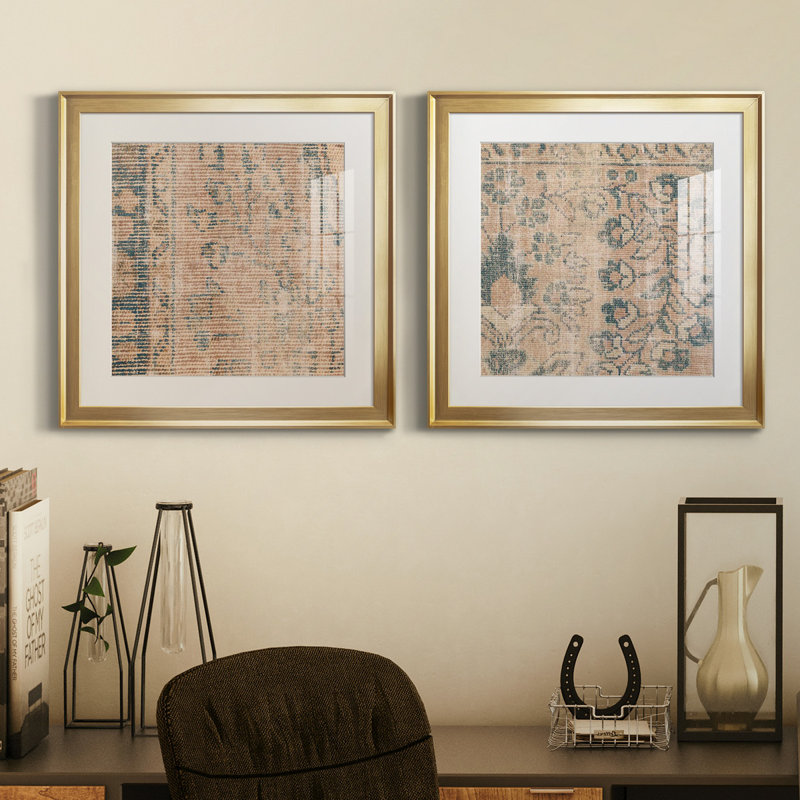 " Faded Textile III " 2 - Pieces, 17.5" H x 35" W, Framed Print with Mat, Gold
