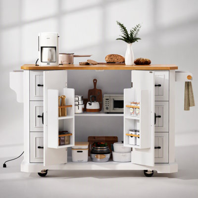 56 Inch Kitchen Island with Drop Leaf, Power Outlet, and 4 Door Shelves, White Rolling Cart with 6 Deep Drawers for Modern Kitchens and Dining Rooms