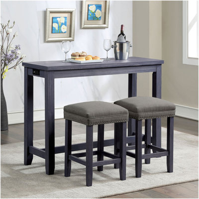Ensemble de table de salle à manger 3 pièces 1X Table 2X Tabourets Siège rembourré Garniture cloutée Port USB et prise de courant Finition bleu et gris antique