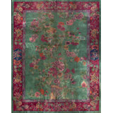 Floral Wool 1920s Rectangle Green Antique Hand Knotted Pile Rug