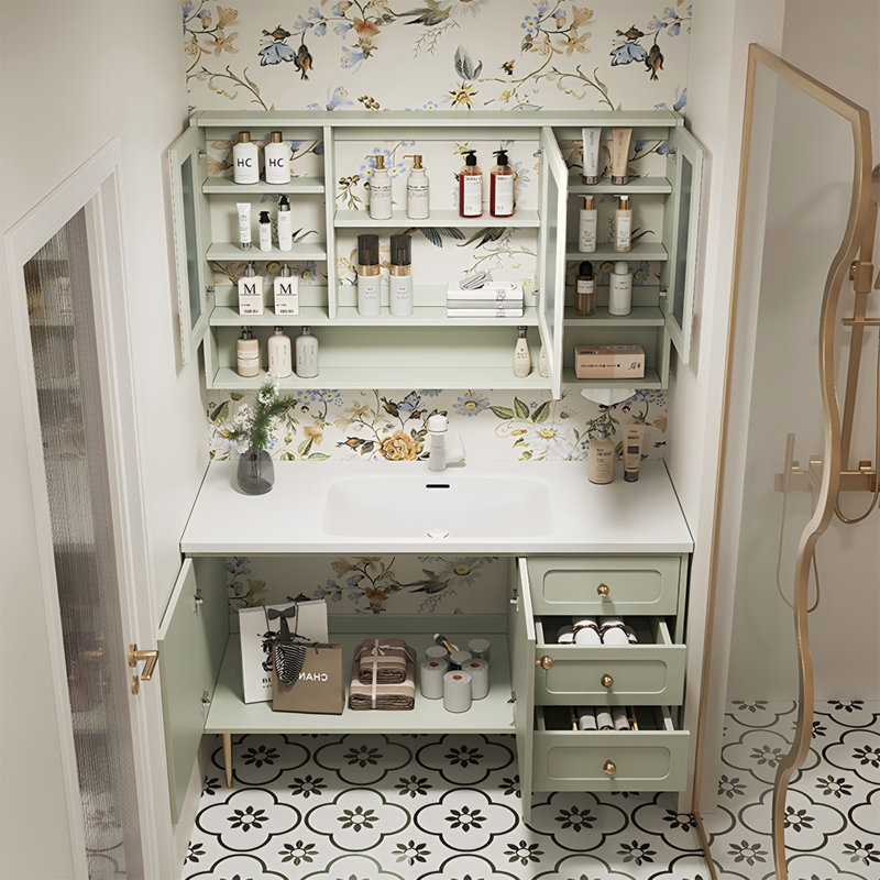 Meuble-lavabo autoportant en bois d'hévéa vert clair 55,12 po avec armoire à miroir, 55"
