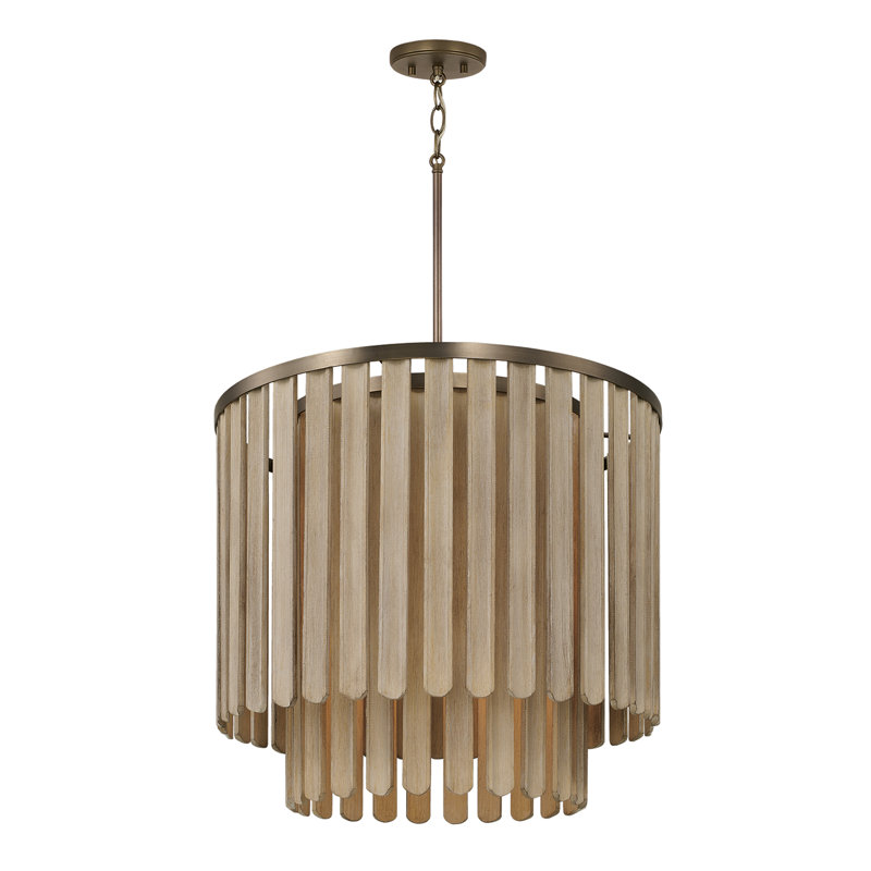 24" W x 21" H 5-Light Pendant in Dark Brass with Handcrafted Mango Wood in Nordic Grey Stain