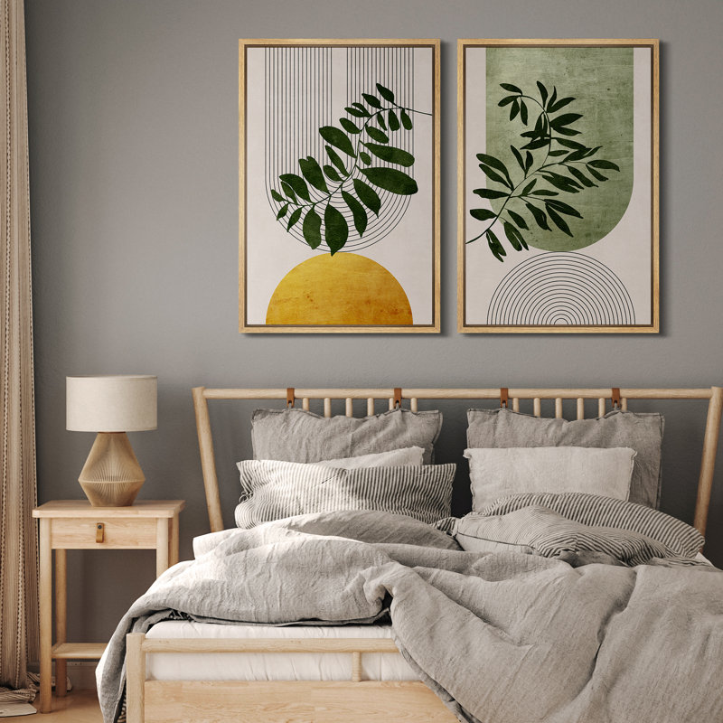 Mid Century Modern Boho Green Yellow Bright Plant Art Framed Canvas 2 Pieces Print  Wall Art Set, 32" W x 24" H