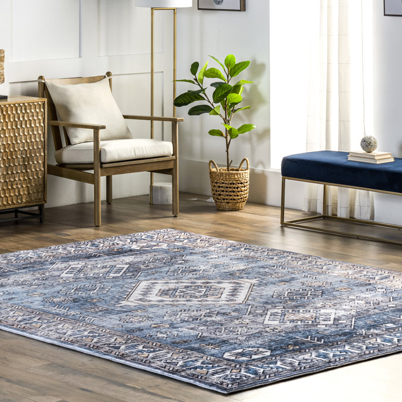 Tapis bleu oriental / persan pour le salon, la chambre à coucher, la cuisine et la salle à manger, Rectangle de 5 pi x 8 pi