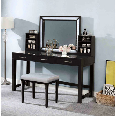 Tabouret de coiffeuse style 1pc ligue, plateau en verre trempé transparent de 8 mm, miroir central, 3 tiroirs de rangement, tabouret rembourré, gris pour aménagement de l'espace chambre à coucher, design