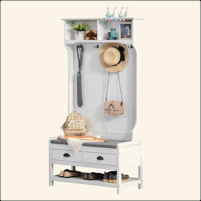 3-In-1 Hall Tree, Entryway Bench With Coat Rack, Mudroom Bench With Shoe Rack, 2 Storage Drawers, 4 Hooks And Padded Seat Cushions For Hallway