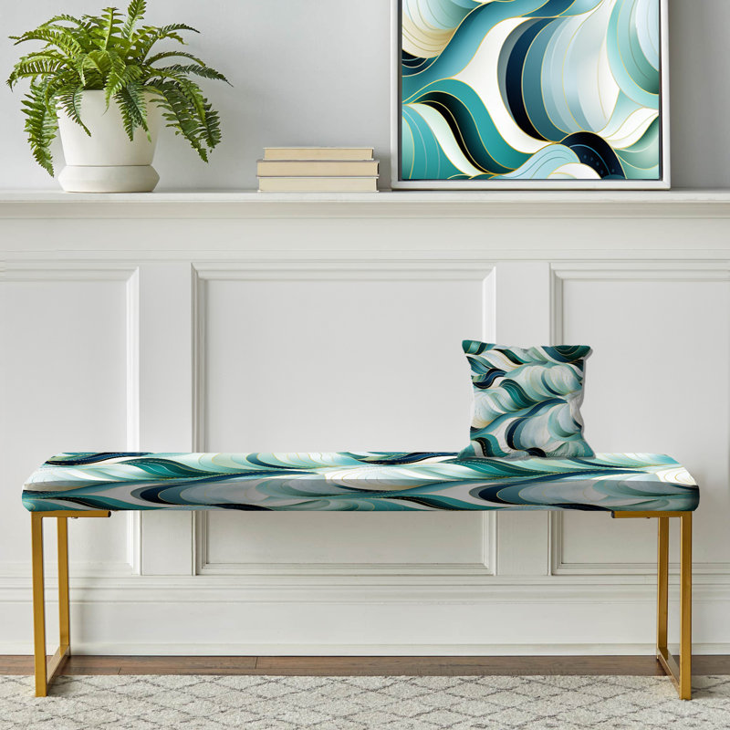 Coastal Emerald And White Geometric Charm - Geometric Upholstered Gold Bench