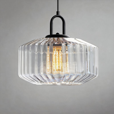 Luminaire suspendu moderne en verre nervuré géométrique, transparent