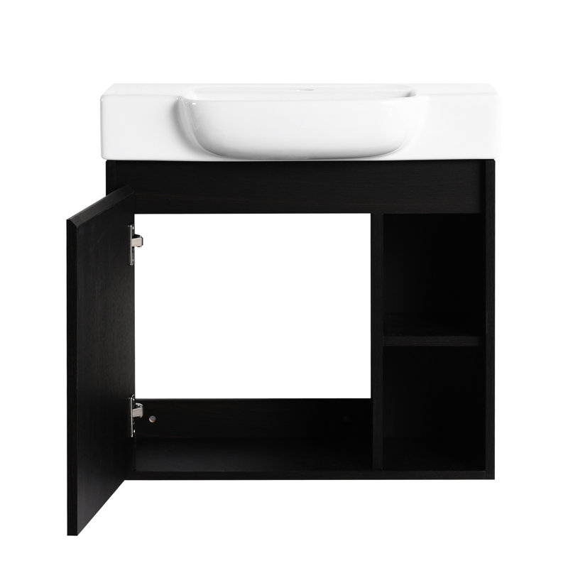 Meuble-lavabo de 61 cm (24 po), fini chêne foncé, lavabo en céramique blanche, charnières, design contemporain, grand espace de rangement