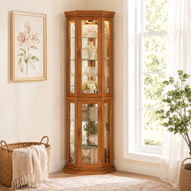 Vitrine de coin lumineuse classique avec tablettes réglables en verre, chêne, Chêne