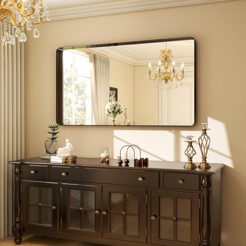 Miroir de salle de bain 48 po x 30 po - Miroir noir moderne pour mur avec coins arrondis, miroirs de salle de bain, miroir en aluminium encadré Portrait
