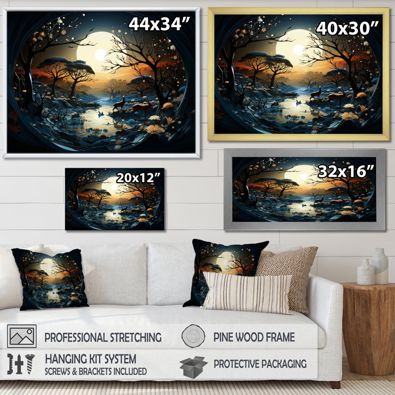 «Dreamy Moonlit Jungle I», art mural abstrait, H 12 po x l 20 po x P 1 po, Cadre d'angle fermé noir