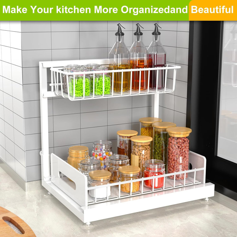 2 Pack Under Sink Organizer And Storage,Pull Out Cabinet Organizer 2 Tier Slide Out Sink Shelf Cabinet Organizer Adjustable Metal Under Counter Organizers For Kitchen Bathroom Organization(White)