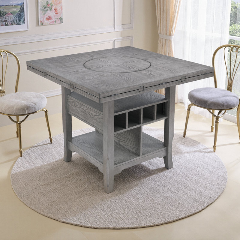 Table de comptoir ronde / carrée transformable avec rangement intelligent et plateau tournant - finition chêne gris