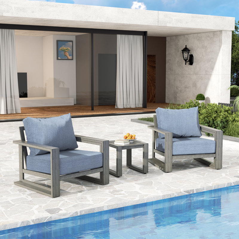 Purescape 3-Piece Hand-Painted Aluminum Outdoor Conversation Set With Blue Cushions And Side Table, Blue
