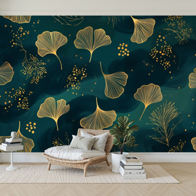 Papier peint adhésif peler et coller sans soudure feuille de gingko doré et feuilles vertes à l'infini Idéal pour la décoration murale en papier autocollant amovible pour le salon Chambre à coucher H 100 po x l 144 po