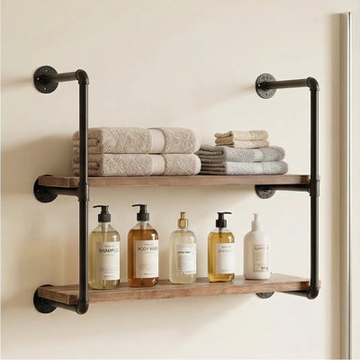 Industrial Pipe Wall Shelves Pipe Shelving With Real Wood Plank ,36 Inches Floating Shelves For Wall Farmhouse Pipe Book Shelves Dark Brown 2 Tier For Kitchen,Living Room Decor And Bar Shelving