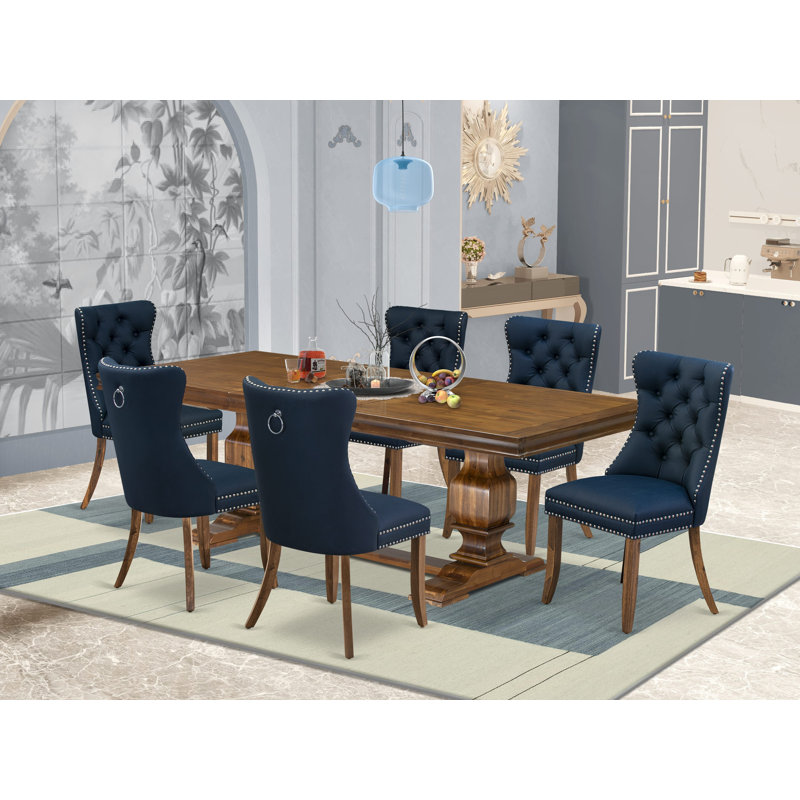 7 Pieces Dining Set Contains a Rectangle Kitchen Table and 6 Navy Blue Polyester fabric Modern Chairs, Antique Walnut