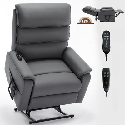 Grey Cat-Proof Leather Dual Motor Infinite Position Up To 350 LBS Power Lift Recliner Chair With Power-Remote, Heat Massage And Heavy Duty Motion Mechanism