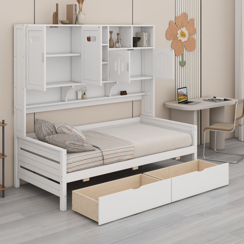 Lit de jour avec 2 tiroirs, armoire et tablette tout-en-un, Simple, Blanc