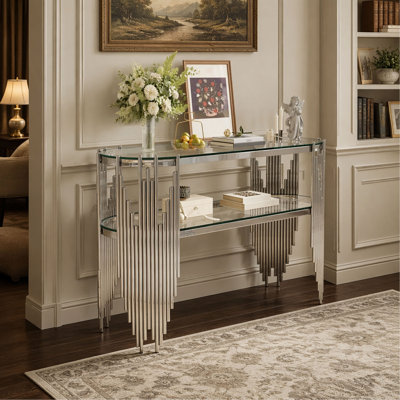 Console de luxe argentée avec tablettes en verre trempé à 2 niveaux, table d'entrée ovale moderne pour le couloir et le salon, structure en acier inoxydable poli, 47 po x 15,7 po x 31,5 po