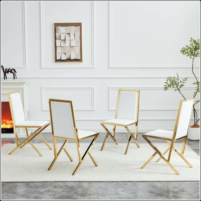 Chaise de salle à manger en métal doré à pieds en métal doré - ensemble de 4, 4, Blanc, Blanc