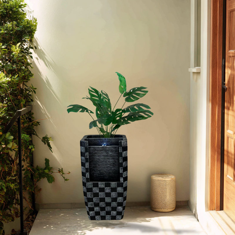 XBrand 23.8'' H Black Decorative Outdoor Water Fountain with LED Light and Integrated Planter