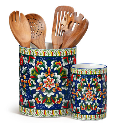 Porte-ustensiles de cuisine en porcelaine pour comptoir, organisateur d'ustensiles de cuisine bohémien, (Joyau Verdant)