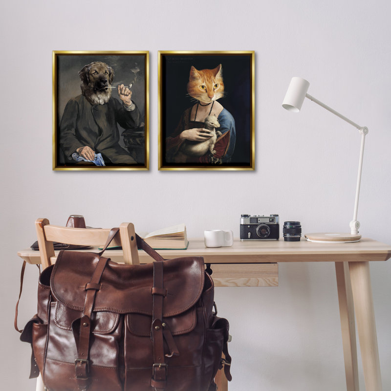 Ensemble de 2 reproductions d'art sur toile, H 21 po x l 17 po, Cadre flottant métallique doré