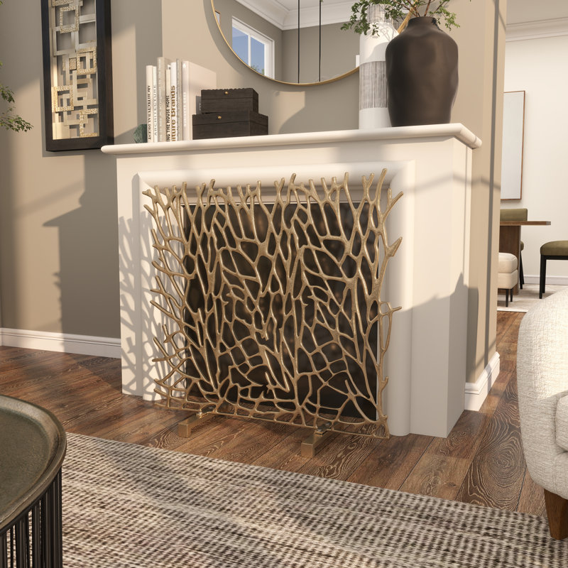 Ashely Aaluminum metal fireplace screen measures 35L x 10W x 33.5H inches, and weighs 15.5 lbs, Gold