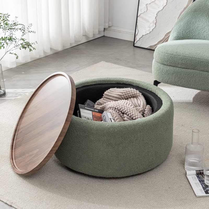 Bryonie Round Cocktail Ottoman with Storage, Green Performance Boucle