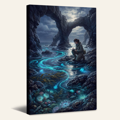 «Bioluminescent Jellyfish Chercheur at Moonlit Sea Arch», art mural sur toile