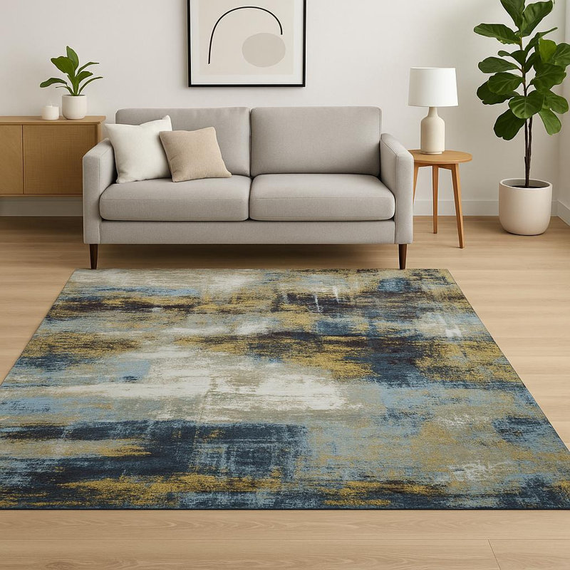 Tapis bleu abstrait noué à la main 8 pi x 10 pi
