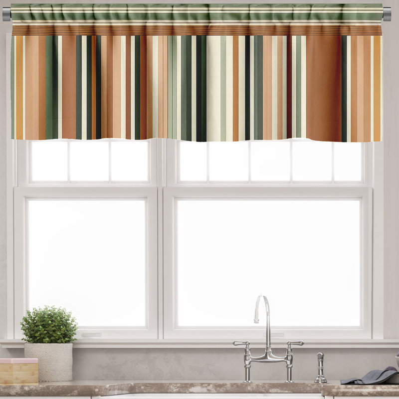 Pale Caramel and Laurel Green Striped Satin Rod Pocket Valance