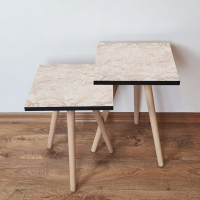 Modern Beige Nesting Table Set (2 Pieces), 100% MDF with Beech Wood Legs | Larger Table: 13.8 x 18.5 x 13.8 in | Smaller Table: 13.8 x 16.5 x 13.8 in | Scandinavian Design, Elegant Marble Finish, Perfect for Living Room & Home Office