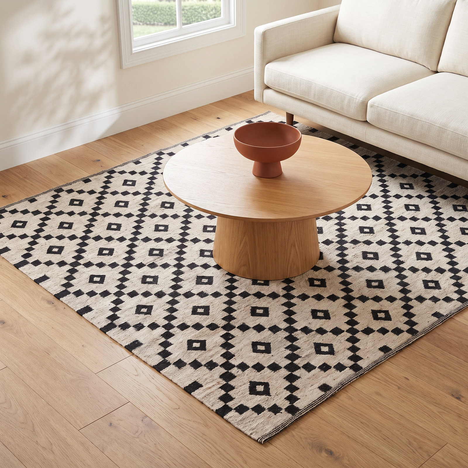Byrne Black Ivory Hand-Woven Geometric Wool Rug, Rectangle 5' x 8'