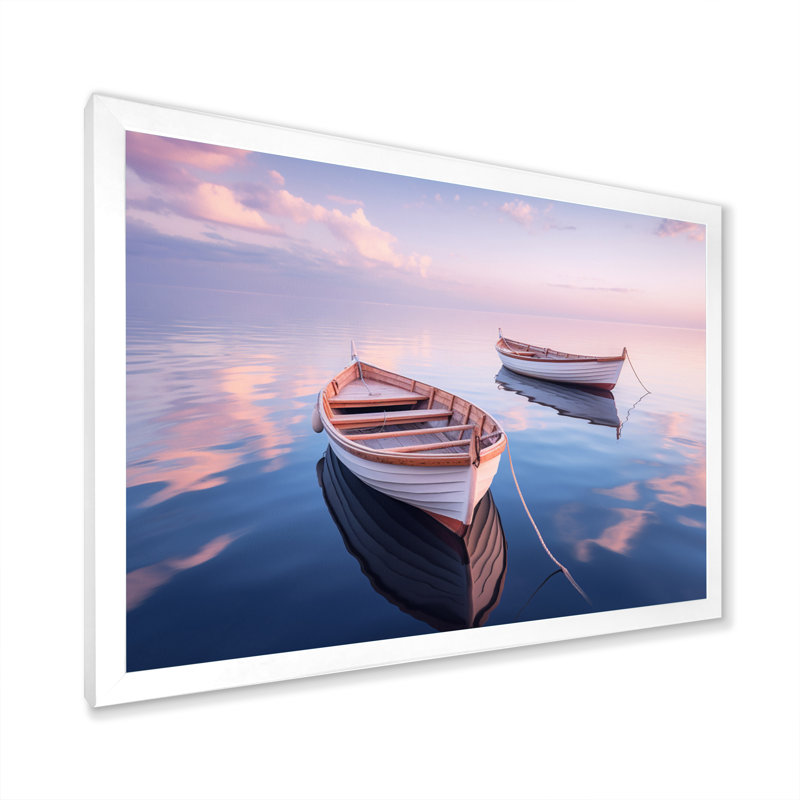 «Dinghy Boat Tranquility Pastel Sunset» sur toile, H 12 po x l 20 po x P 1 po, Cadre photo blanc