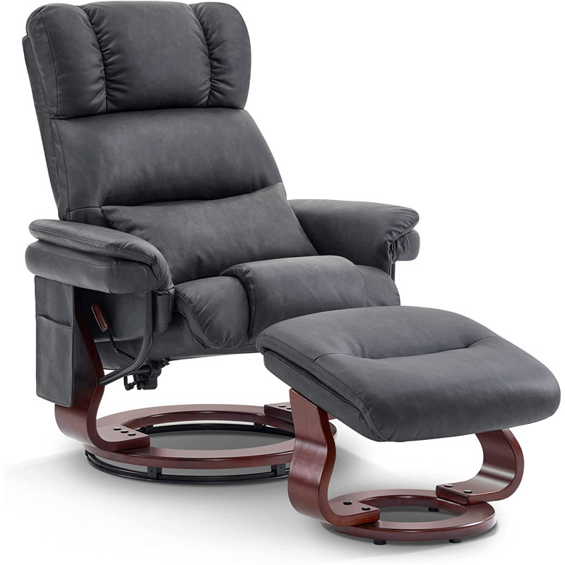 Swivel Recliners with Ottoman, Reclining TV Chairs with Vibration, Faux Leather Lounge Chair, Dark Gray Faux Leather