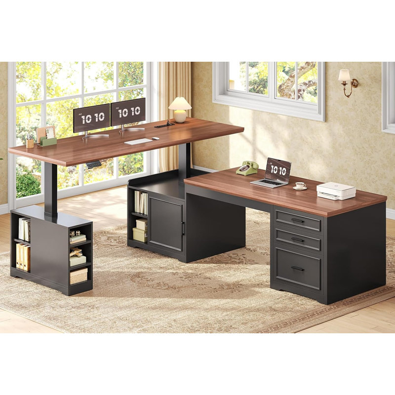 Bureau assis-debout électrique en forme de L de style ferme de 23,6 po de profondeur, Desktop Depth: 23.6", Noir