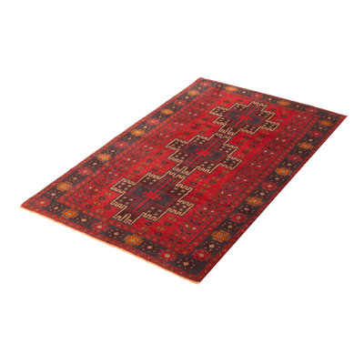 Tapis rouge en laine noué à la main de conception unique 3 pi 9 po x 6 pi 1 po