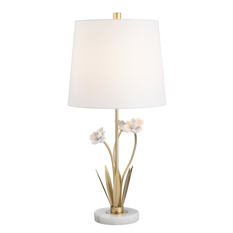 Lampe de table en métal doré avec base en marbre blanc et abat-jour