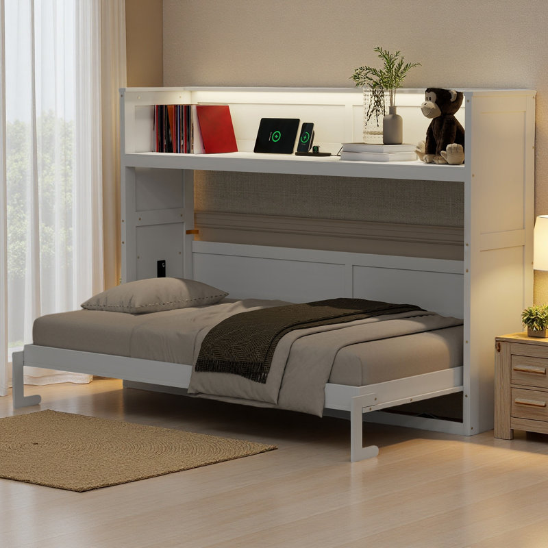 Lit simple simple TG avec bureau, lumière DEL et station de charge USB, blanc