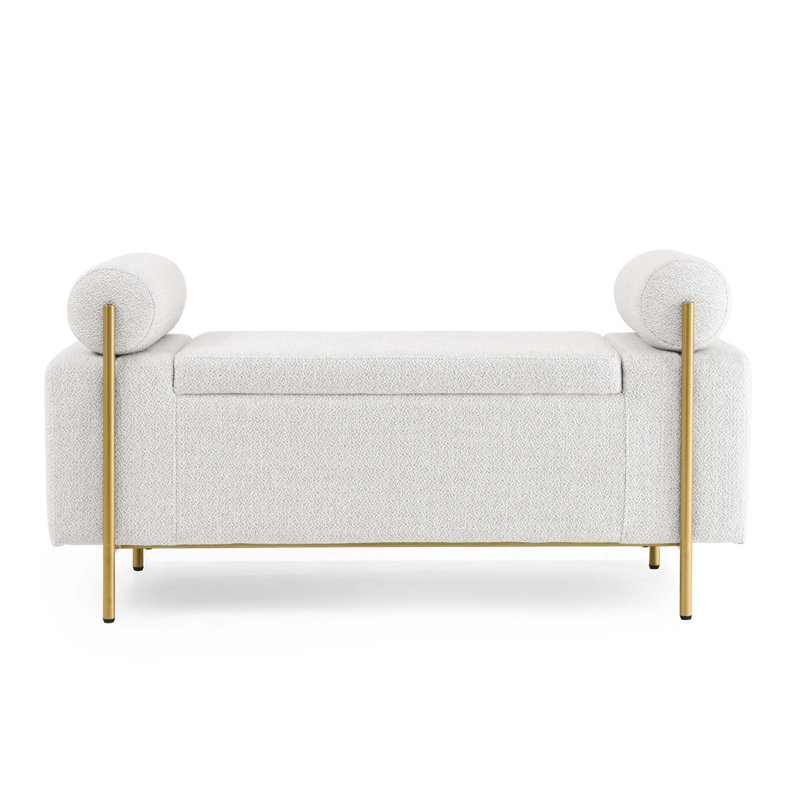 Banc de rangement rembourré blanc capitonné avec accoudoirs cylindriques roulés et pieds en fer doré, repose-pieds de rangement pour entrée, chambre à coucher, salon