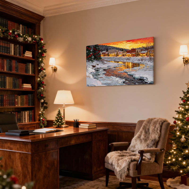Ensemble de 3 reproductions d'art sur toile, "Christmas Winter Sunset River River Snowscape", H 20 po x l 30 po