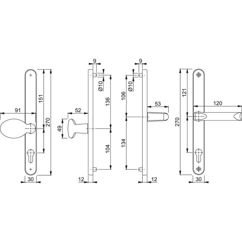Keyed Right Hand Door Handle, Aluminium Gold