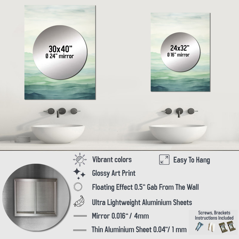 Dutil Minimalism Harmonic Horizon Landscape I - Minimalism Decorative Mirror, Green Wall Mirror, Printed Metal Art, 40" x 30"